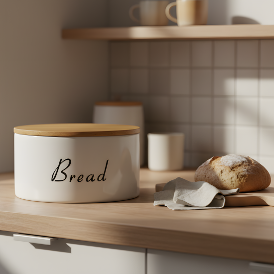 Porcelain Bread Container & Wooden Lid